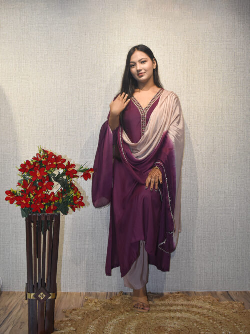Embroidered Wine Suit with Shaded Dupatta